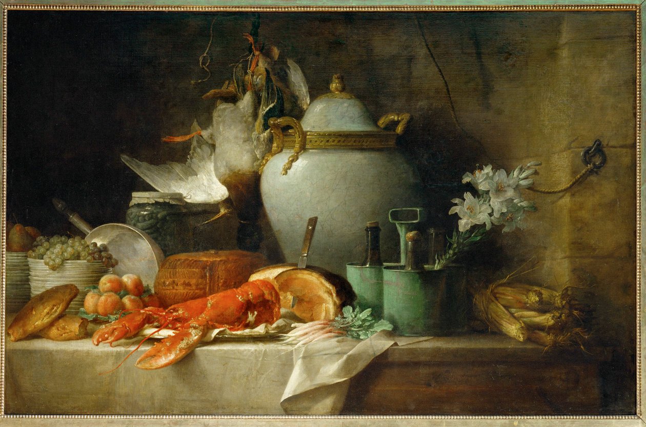 Vaas, homard, fruit et gibier - Stilleven met vaas, kreeft, fruit en wild ... door Anne Vallayer-Coster