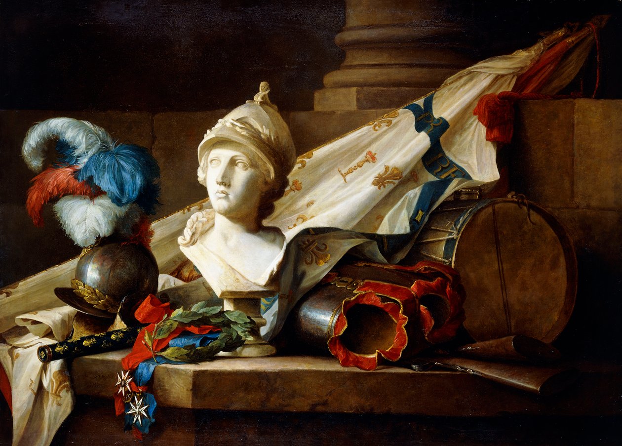 Een buste van Minerva met wapenrusting en wapens op een stenen richel, 1777 door Anne Vallayer Coster