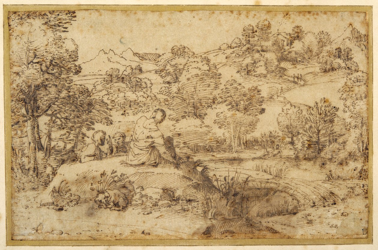 Landschap, op de voorgrond drie mannen rustend en een slapende hond, bij een stroom door Annibale (follower of) Carracci