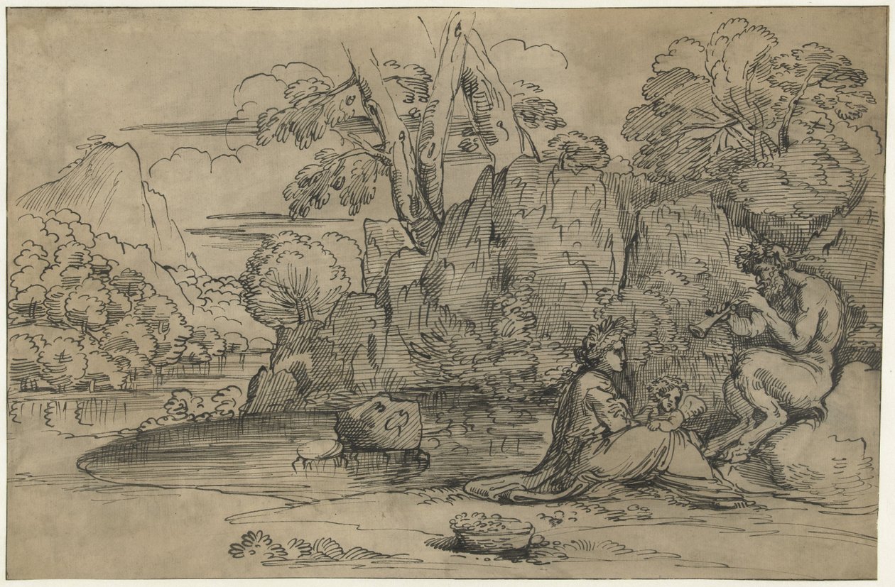 Landschap met een fluitspelende sater, vrouw en putto door Annibale Carracci (attributed to)