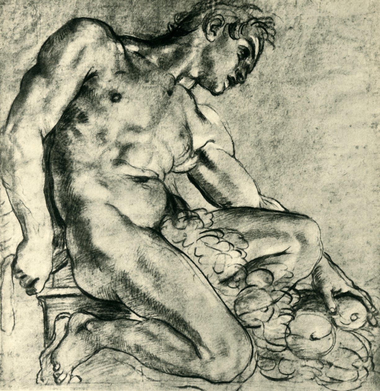 Een zittende Ignudo met een krans door Annibale Carracci