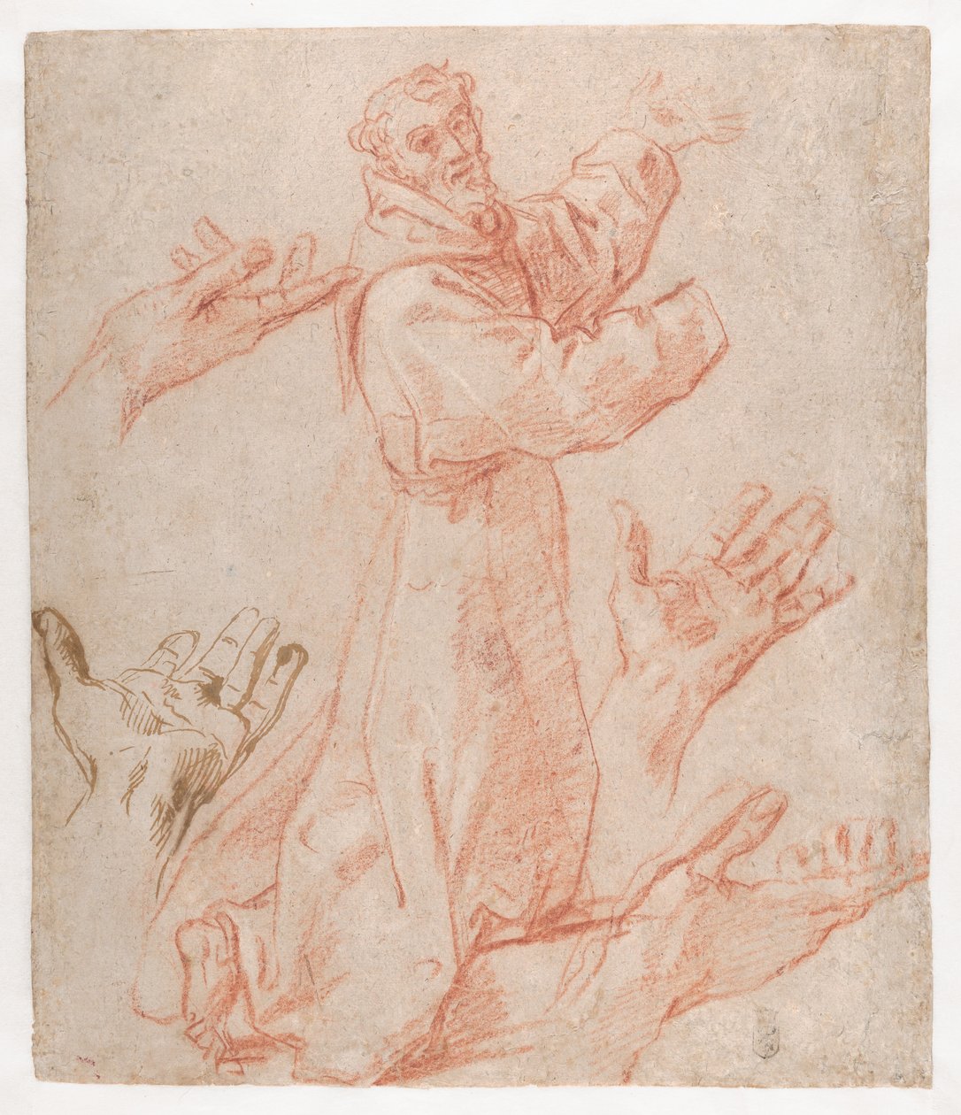 Carracci - Studies voor een figuur van de heilige Franciscus knielend in driekwartaanzicht en voor zijn handen (recto), 1583-85 door Annibale Carracci