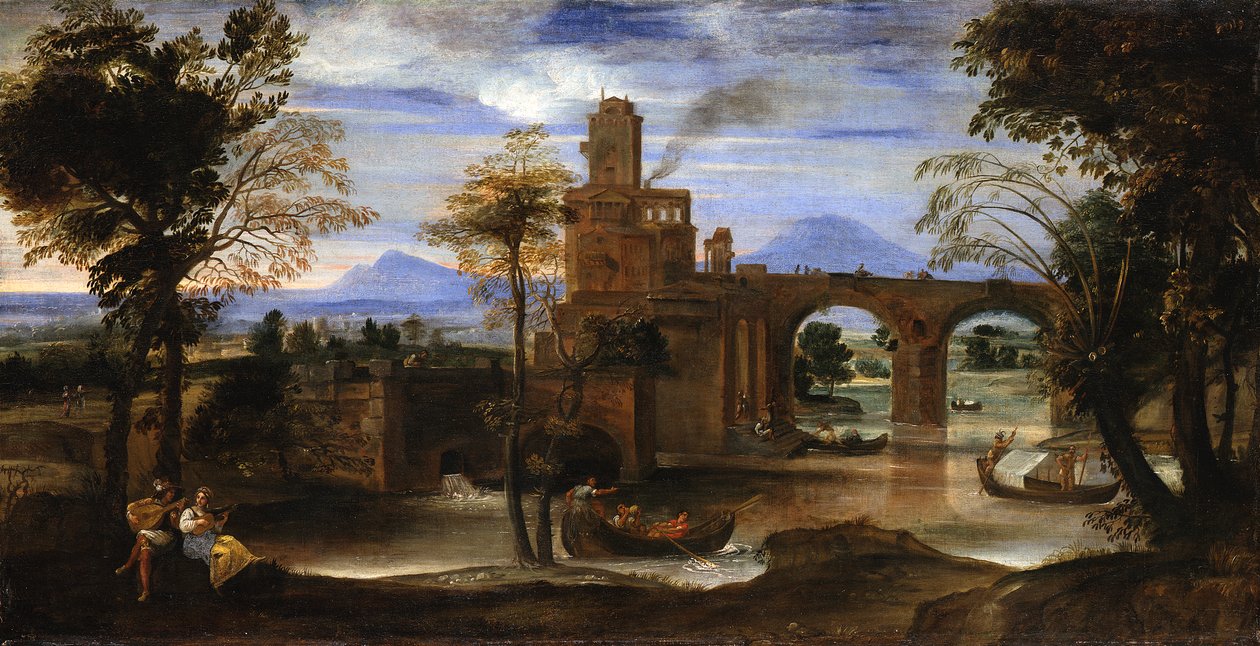 Romeins rivierlandschap met kasteel en brug door Annibale Carracci