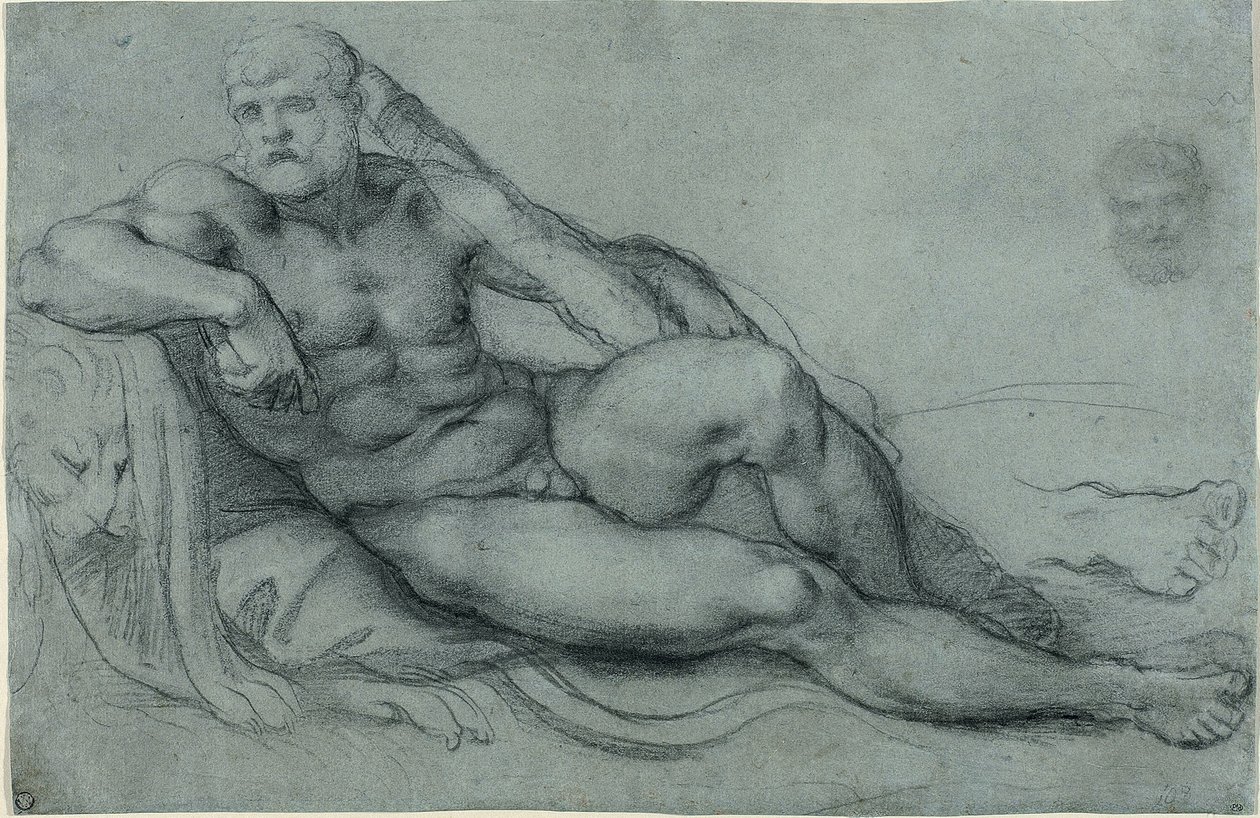 Studie van Hercules rustend, met afzonderlijke studies van zijn hoofd en voet (recto); Rechthoekig rasterontwerp (verso) door Annibale Carracci