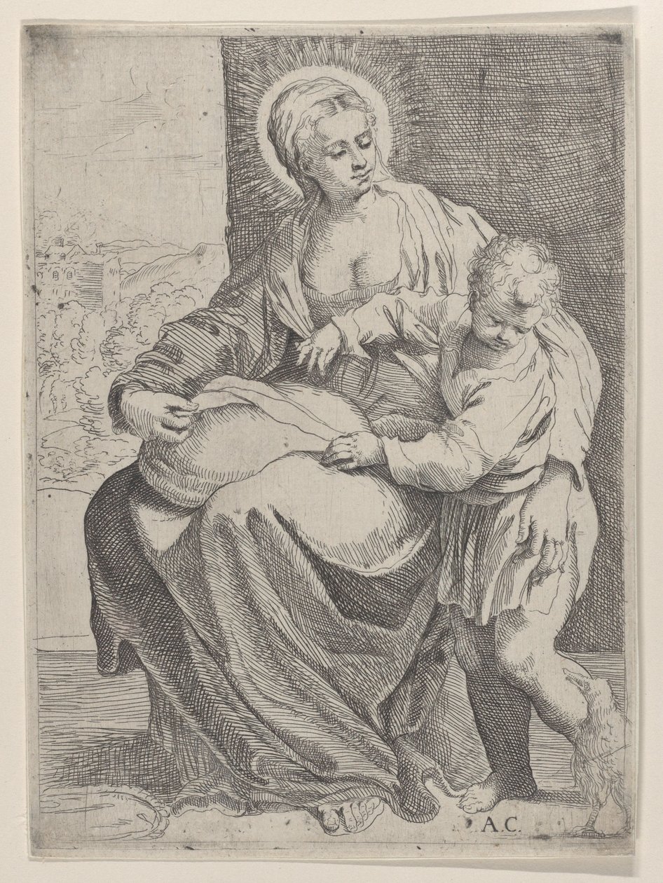 De Maagd zittend met een kussen op haar schoot en de jonge Christus staand rechts door Annibale Carracci