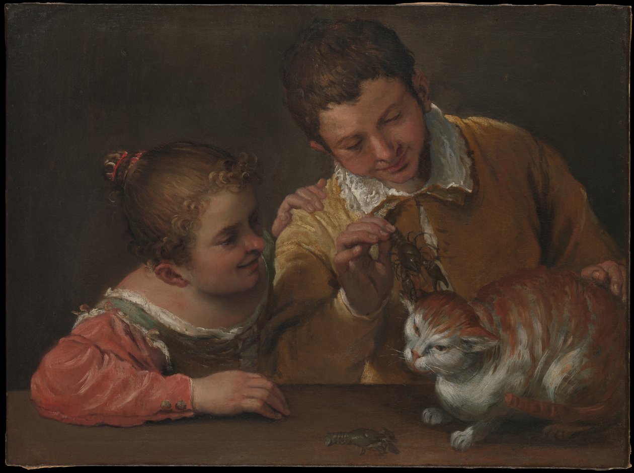 Twee kinderen plagen een kat door Annibale Carracci