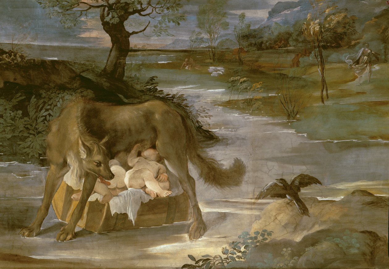 De wolvin die Romulus en Remus zoogt, uit de geschiedenis van Romulus cyclus, c.1590 door Annibale Copy Carracci