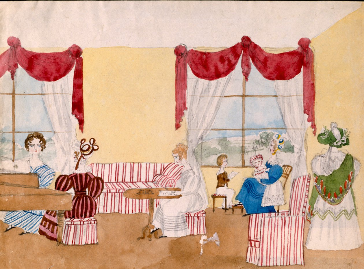 Interieur met vrouwen en kinderen, ca.1830, Brits door Unbekannt Unbekannt