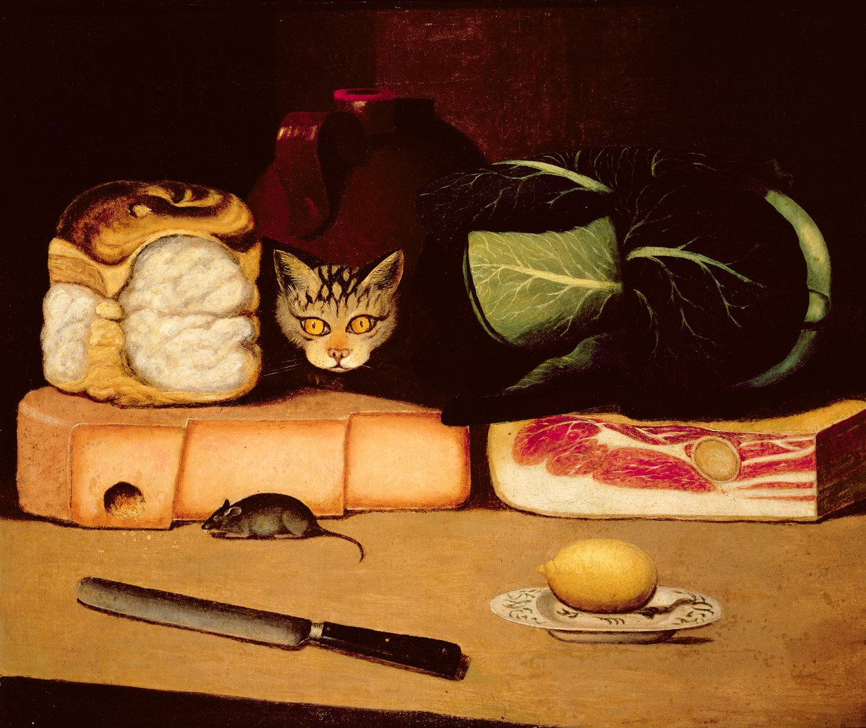 Stilleven met kat en muis, primitieve school, 1820 door Unbekannt Unbekannt
