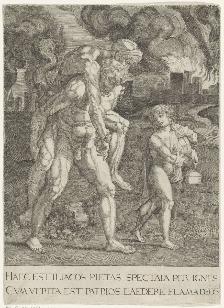Aeneas vlucht met zijn familie uit Troje door Anonymous