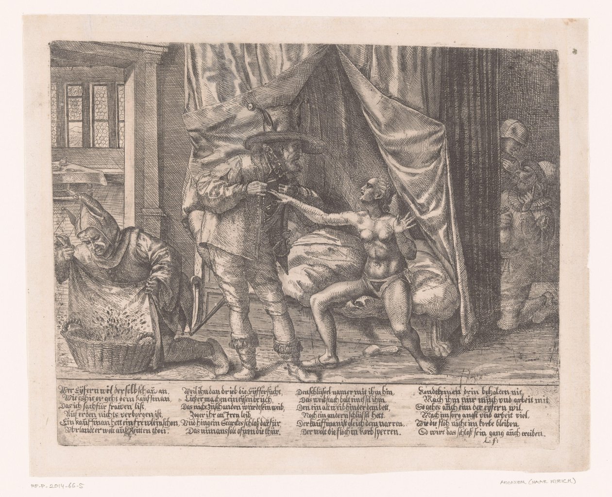 Allegorie met een man die een vrouw een kuisheidsgordel om doet door Anonymous