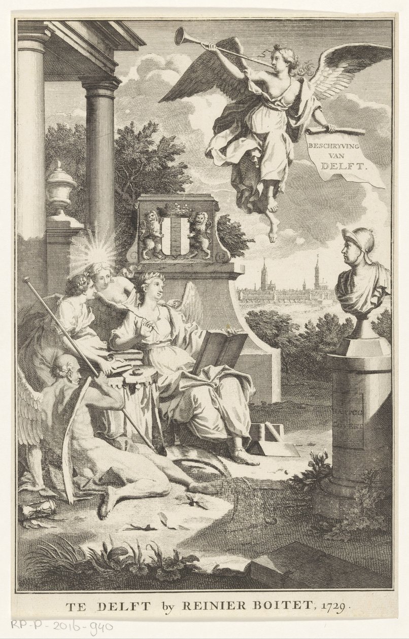Allegorie op Delft (Titelpagina voor: S.n., Beschryving der stadt Delft, 1729) door Anonymous
