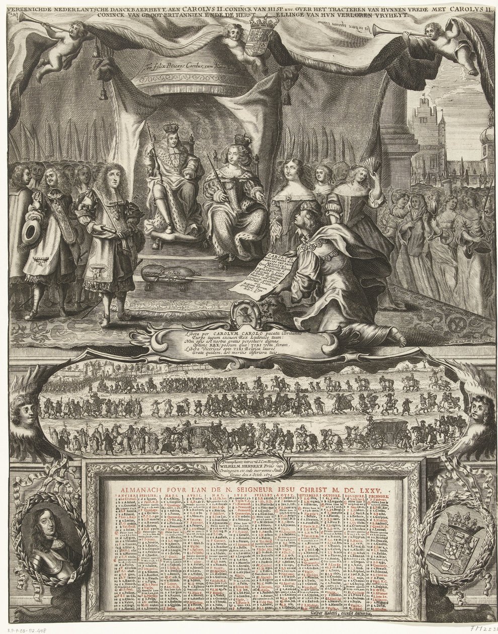 Allegorie op de vrede met Engeland in 1674 en de almanak voor het jaar 1675 door Anonymous
