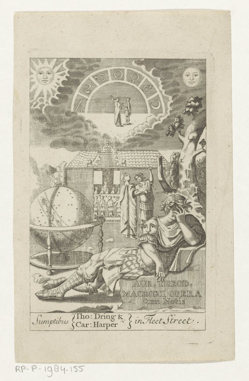 Ambrosius Theodosius Macrobius leunend op steen naast globe door Anonymous