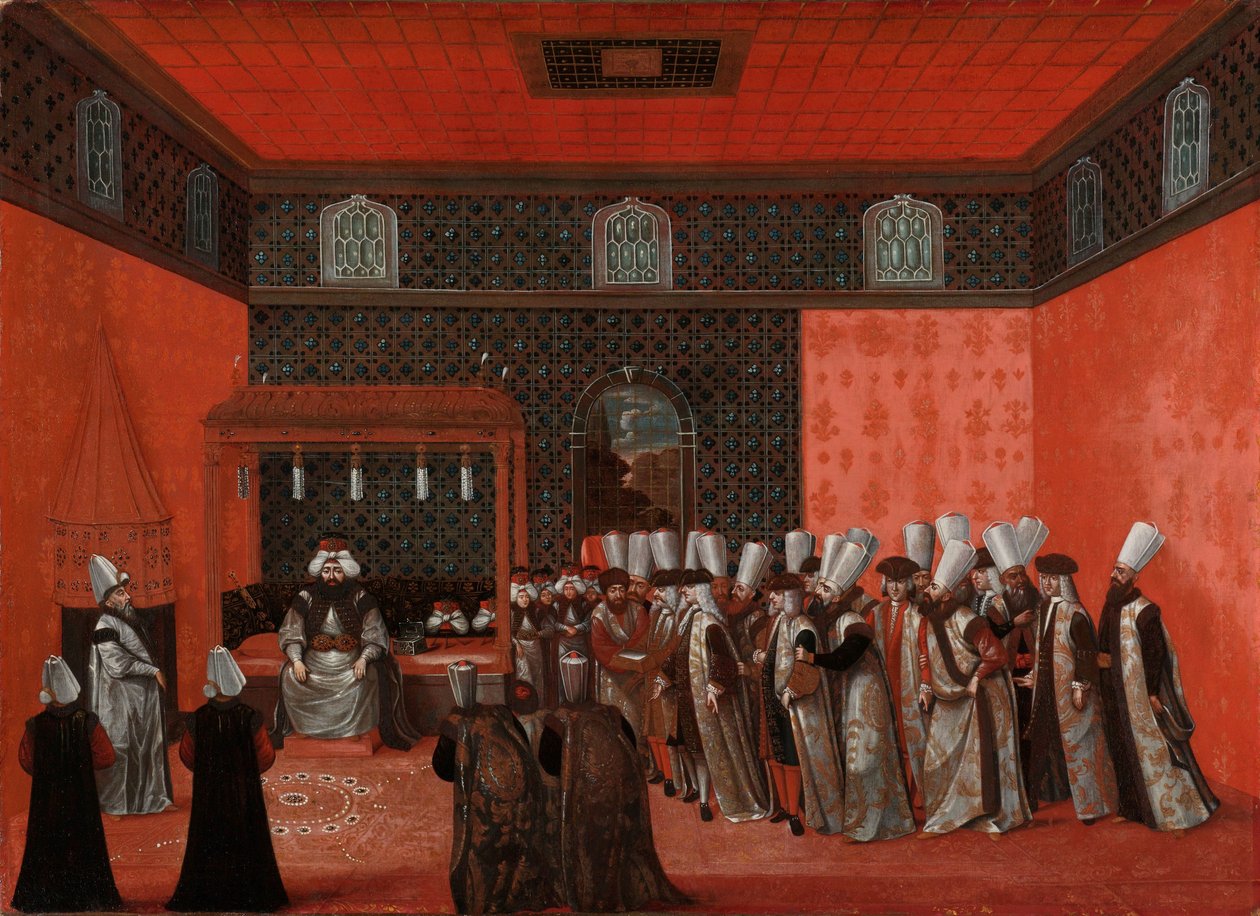 Een ambassadeurspubliek bij Sultan Ahmed III (Ambassadeur Cornelis Calkoen) door Anonymous