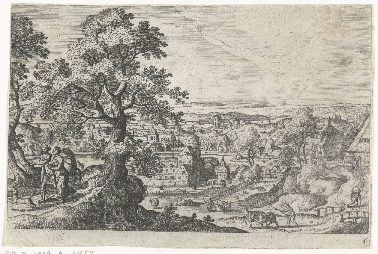 Apollo wandelend met een jonge vrouw (Landschappen met mythologische en bijbelse voorstellingen) door Anonymous