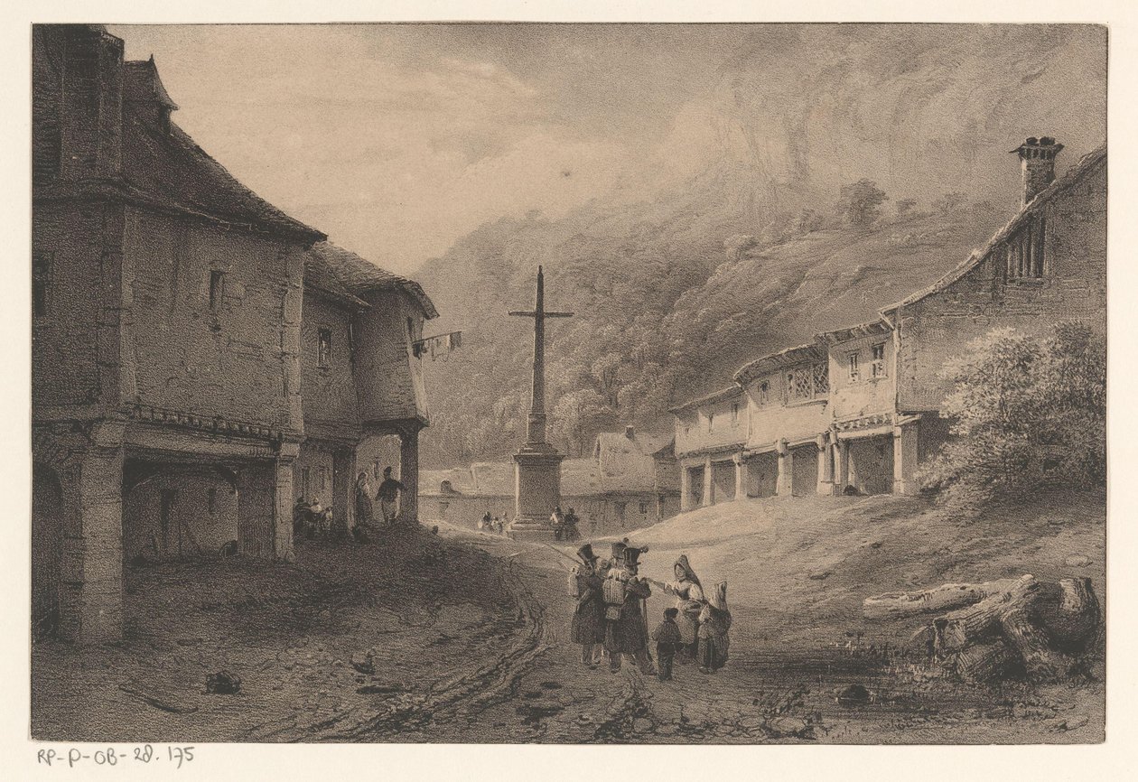 Berglandschap met figuren en koeien door Anonymous