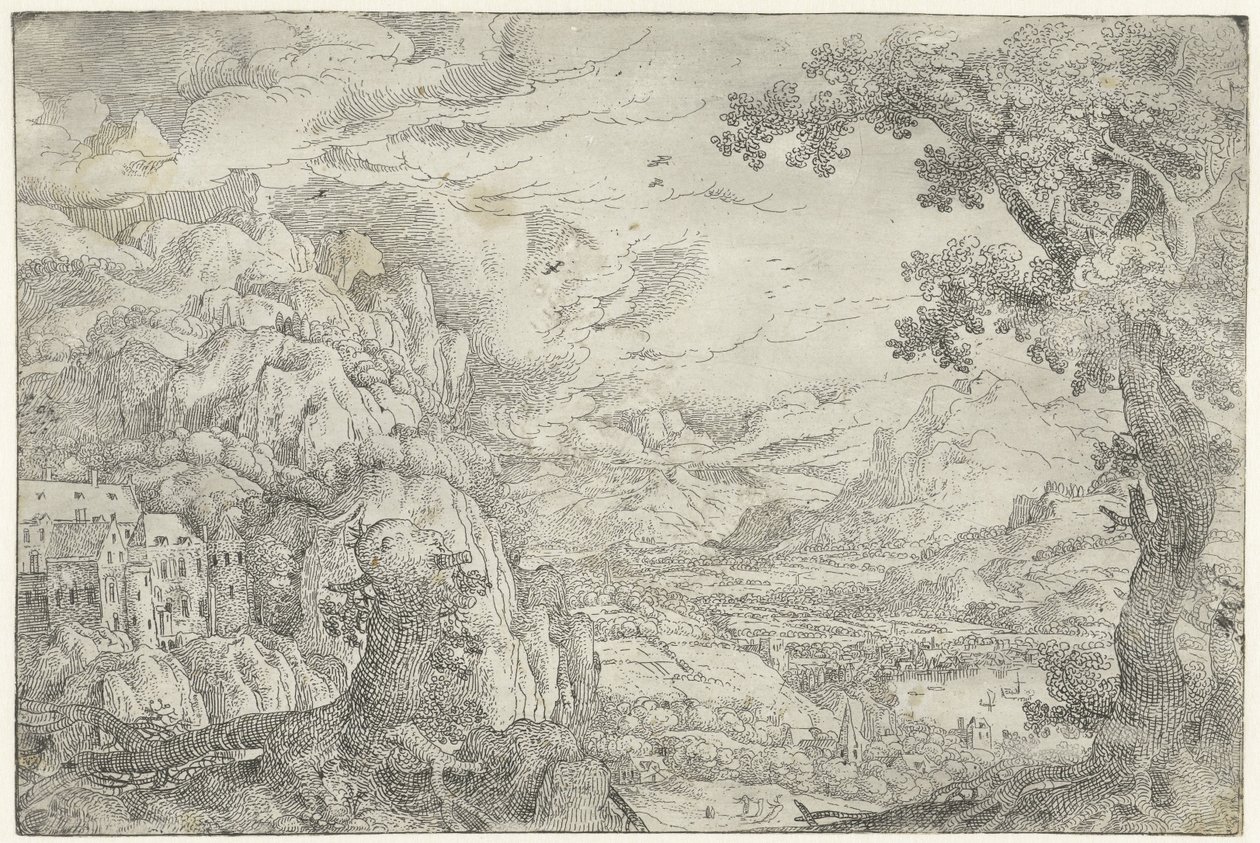 Berglandschap met geknotte boom door Anonymous