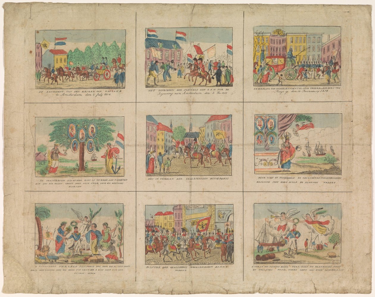 Blad met 9 voorstellingen van historische gebeurtenissen in de jaren 1813-1814 door Anonymous