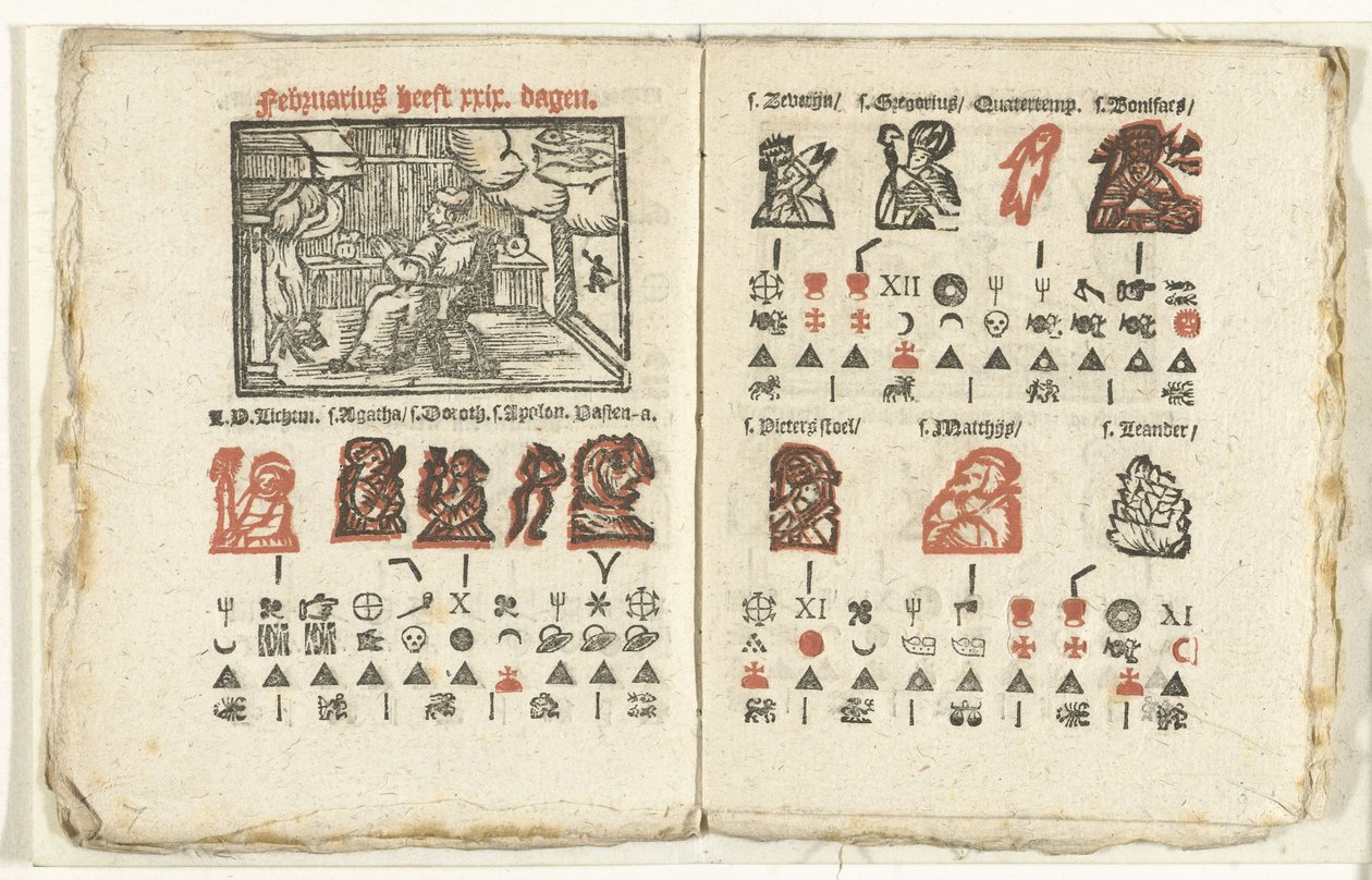 Bladzijden met de voorspelling voor de maand februari, 1712 door Anonymous