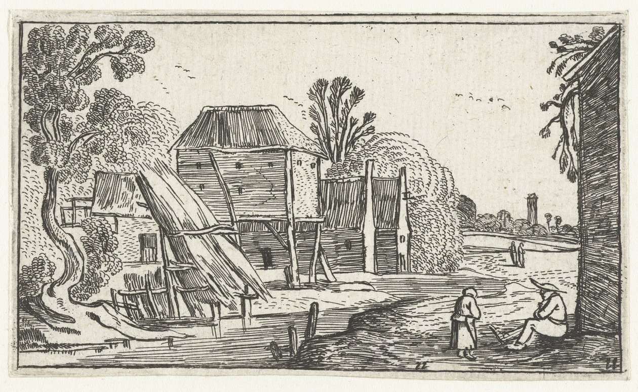 Boerderij en schuur op palen aan een water door Anonymous