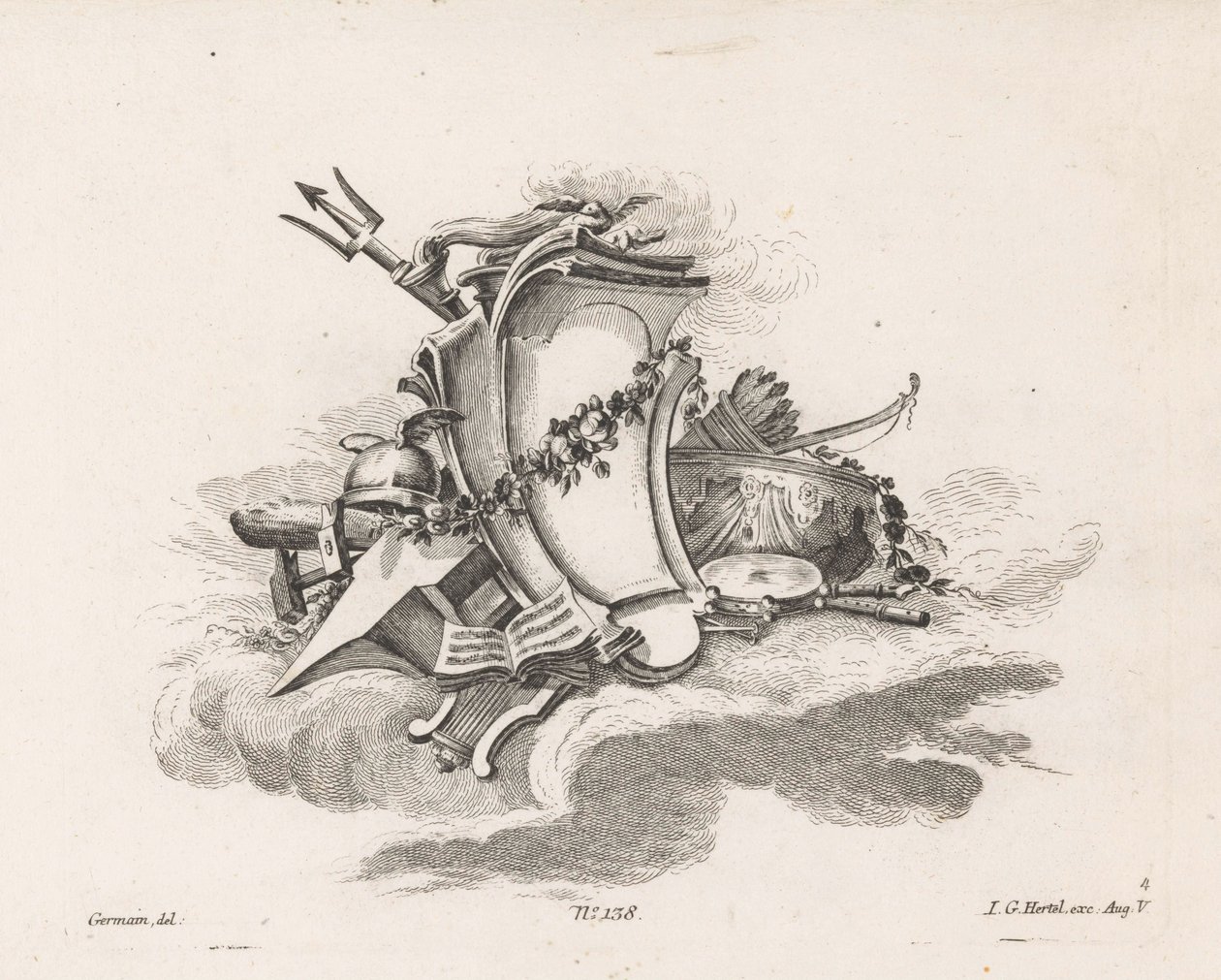 Cartouche met godenattributen door Anonymous