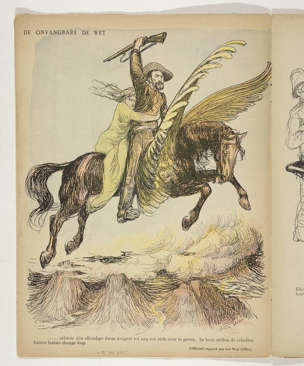 Christiaan de Wet en aan hem vastgeklampte vrouw (de Hoop van de Boeren) op gevleugeld paard door Anonymous