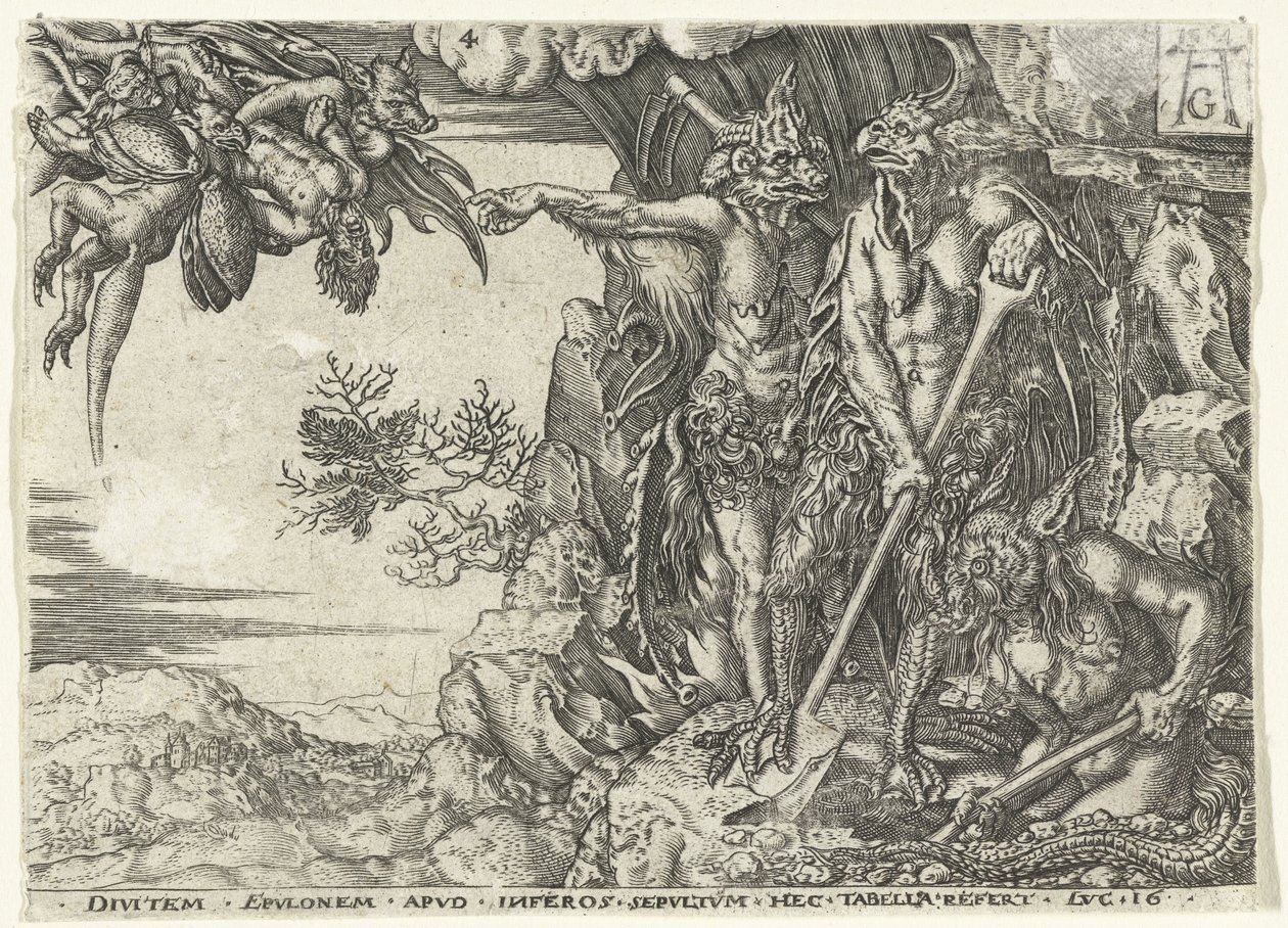 De rijke man door duivels naar de hel gevoerd (Parabel van Lazarus en de rijke man) door Anonymous