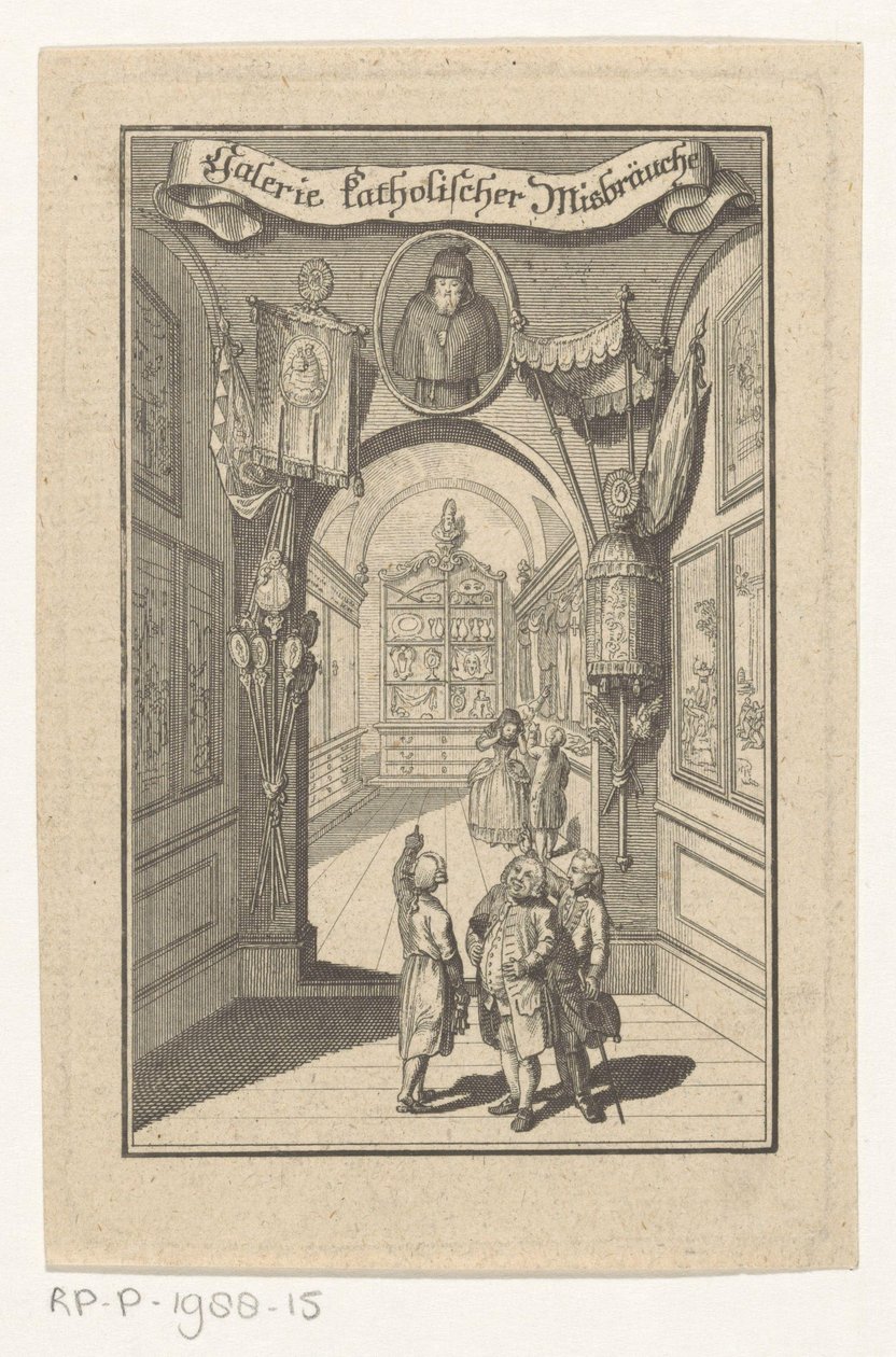 Figuren in galerij met portret en liturgische objecten door Anonymous