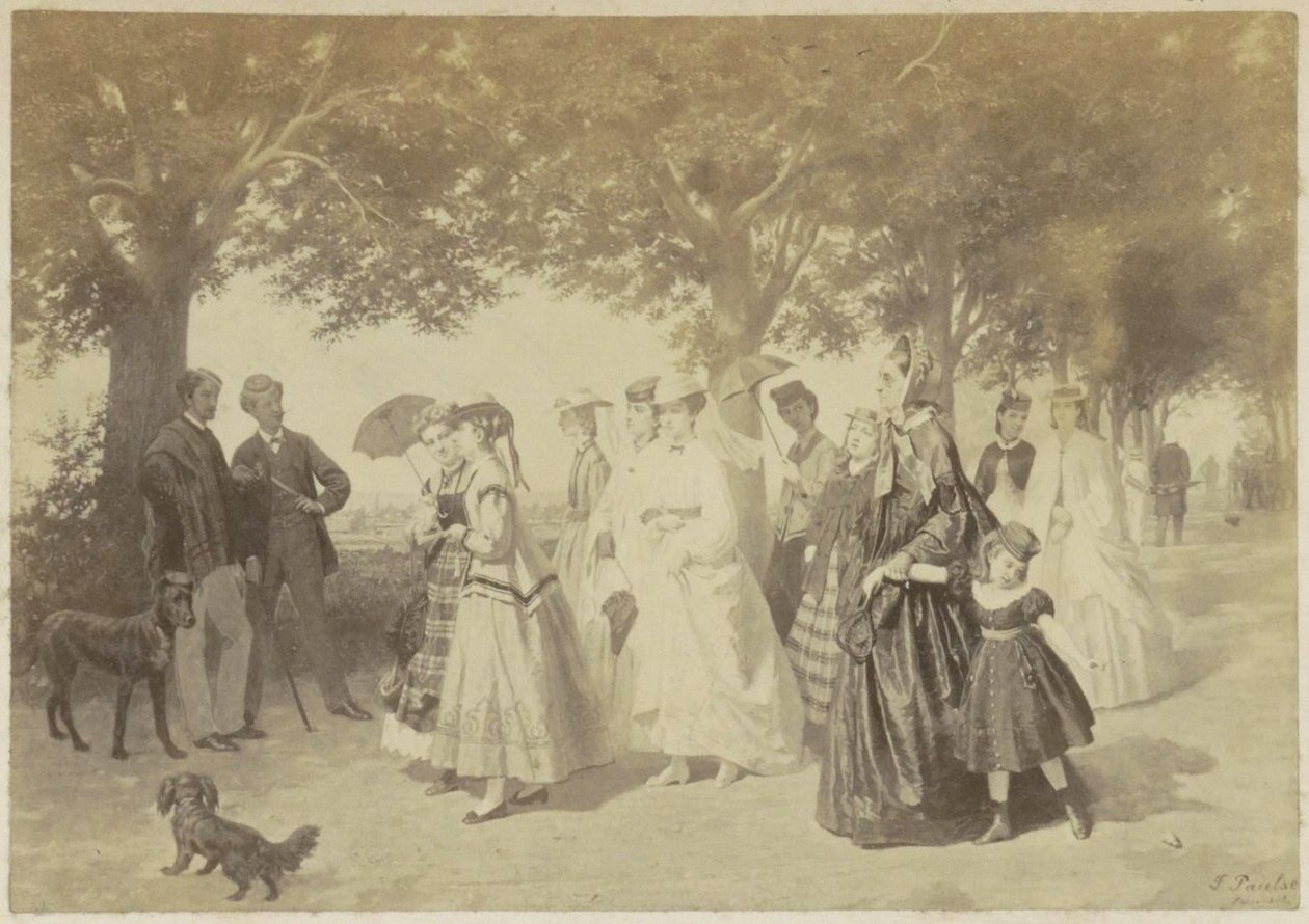 Fotoreproductie van een schilderij van flanerende vrouwen en mannen in een park door Anonymous
