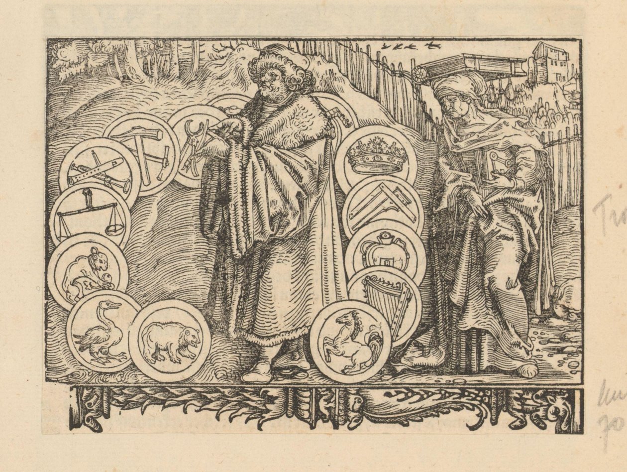 Geleerde omringd door emblemen met heraldiek en de personificatie van Wijsheid door Anonymous