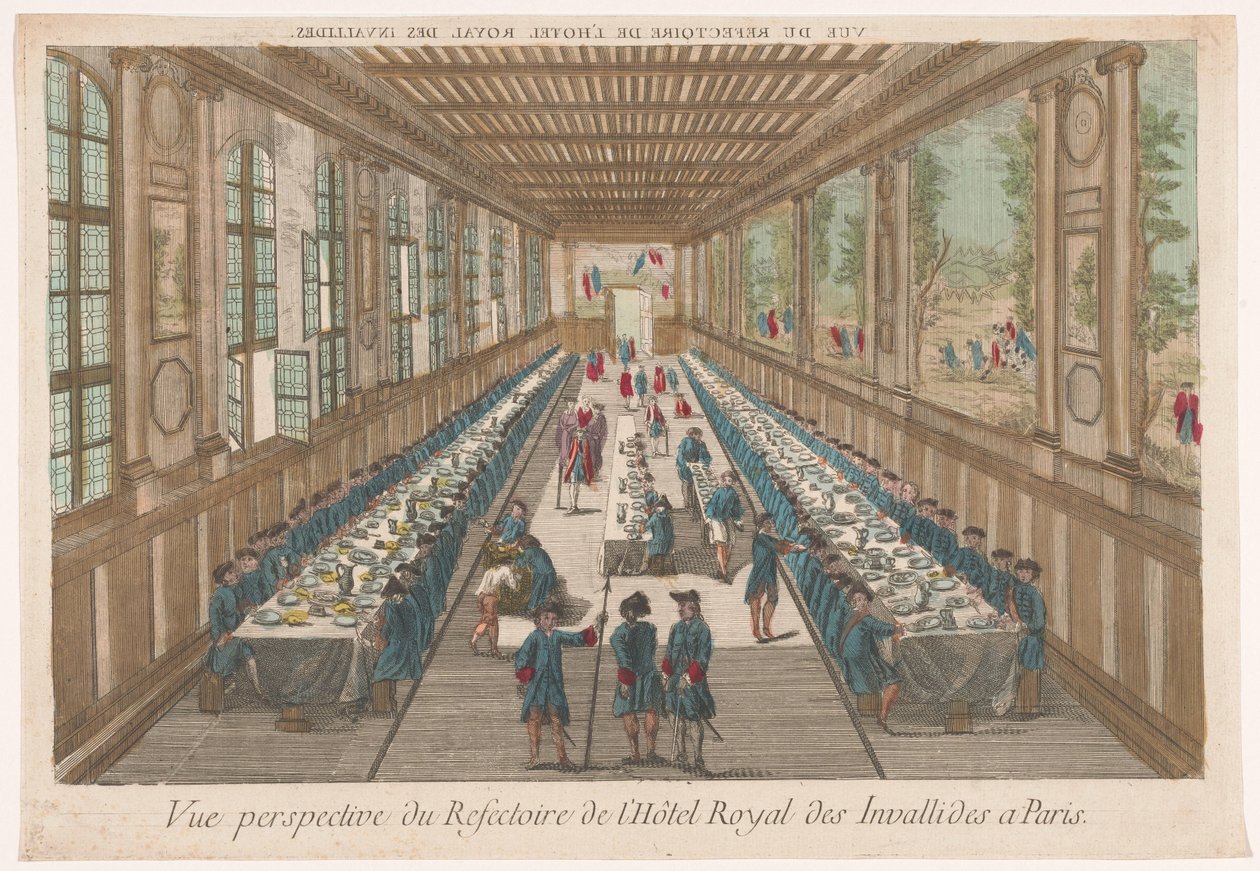 Gezicht op de eetzaal van het Hôtel des Invalides te Parijs met een gezelschap aan een maaltijd door Anonymous