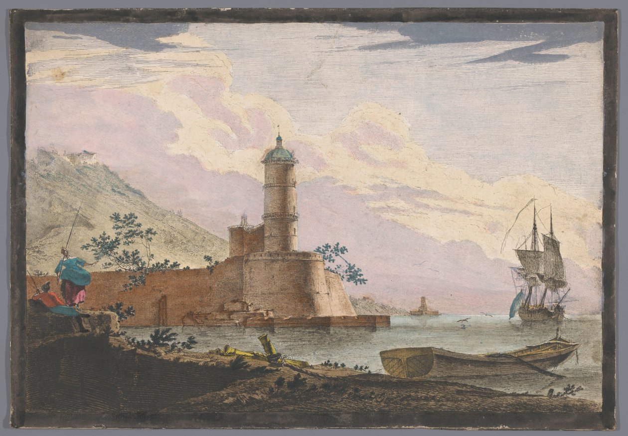Gezicht op een haven met een toren aan de waterkant door Anonymous
