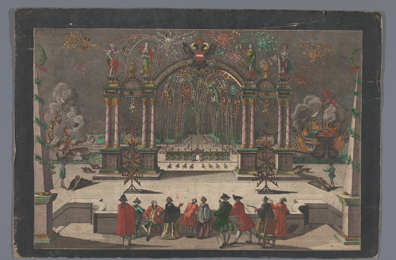 Gezicht op vuurwerk en een triomfboog met een tweekoppige adelaar en de naam van Jozef II, Duits keizer door Anonymous