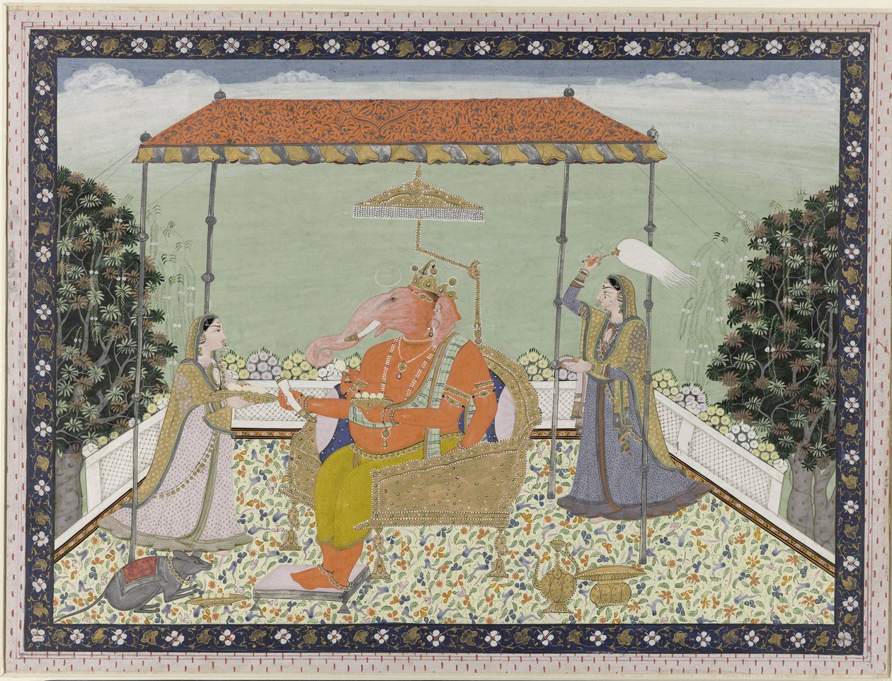 God Ganesa (Ganapati) met olifantslurf met zijn twee dienaressen Siddhi en Buddhi onder een balkijn gezeten door Anonymous