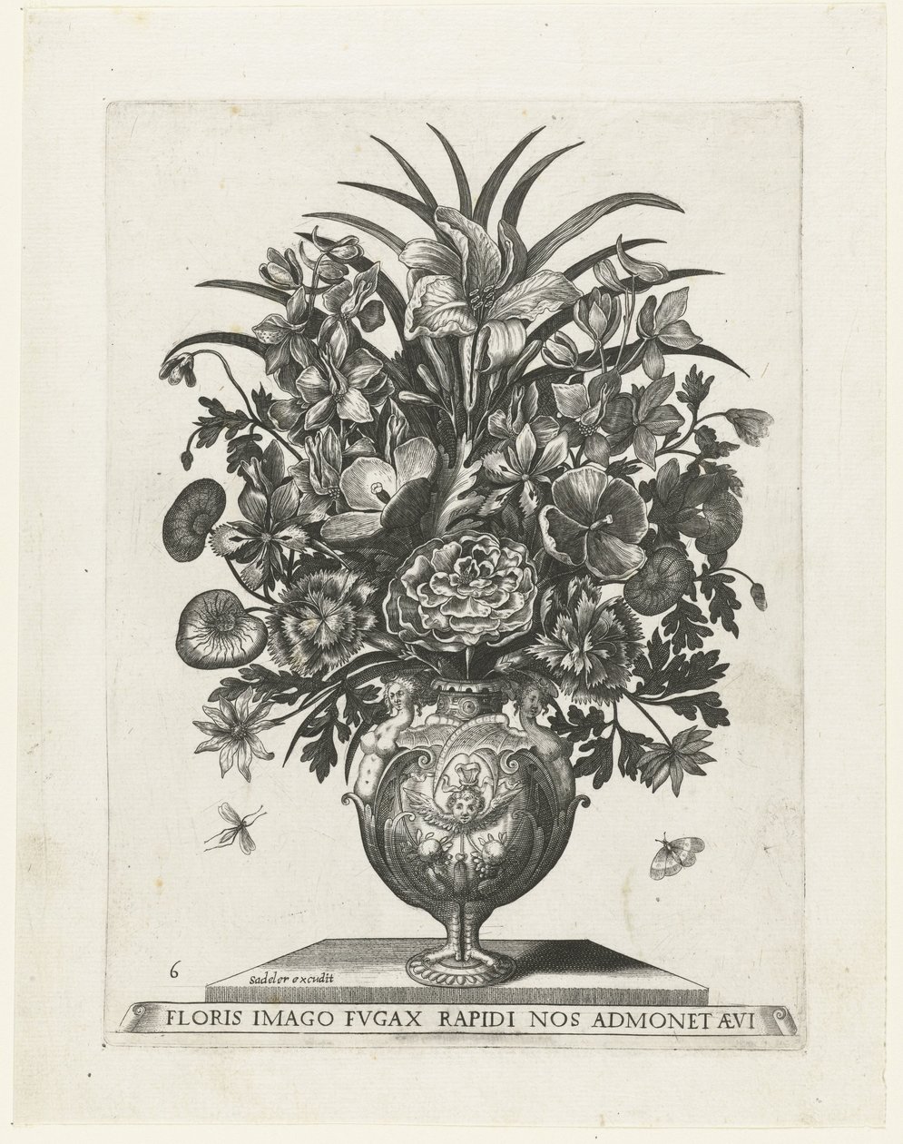 Groteske vaas met een cherubijntje en guirlandes (Vazen met bloemen) door Anonymous