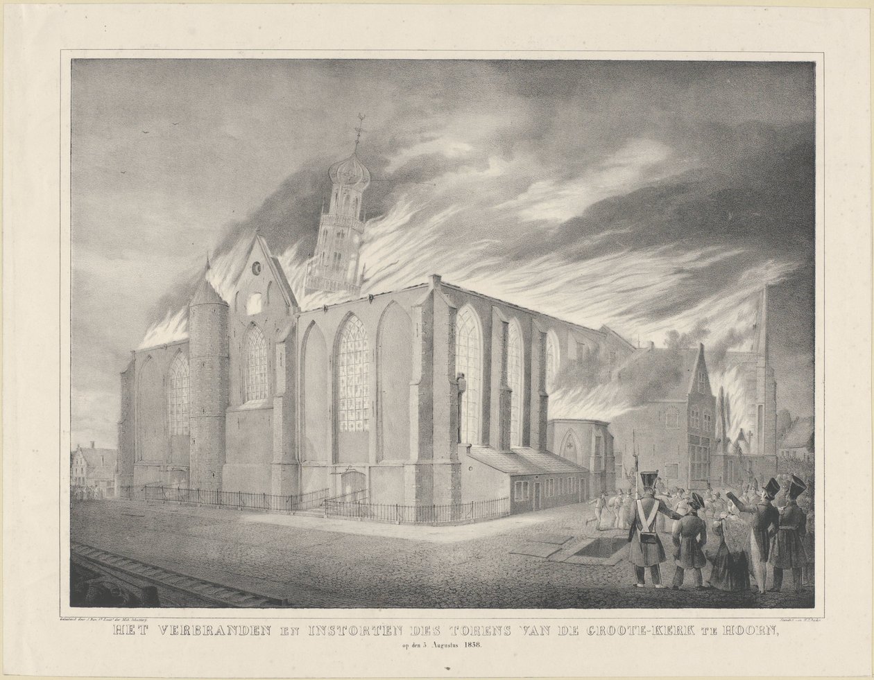 Het verbranden en instorten des torens van de Groote-Kerk te Hoorn, op den 3. Augustus 1838 door Anonymous
