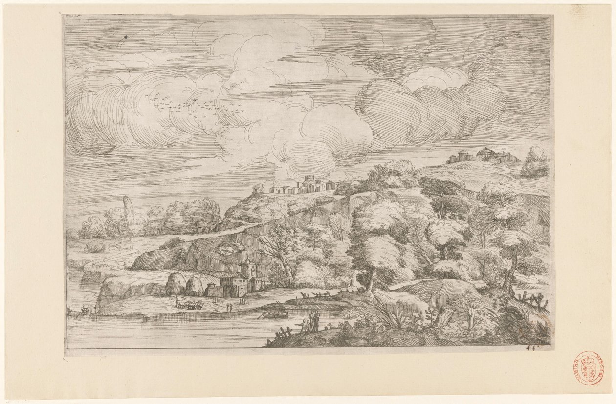 Heuvellandschap aan rivier door Anonymous