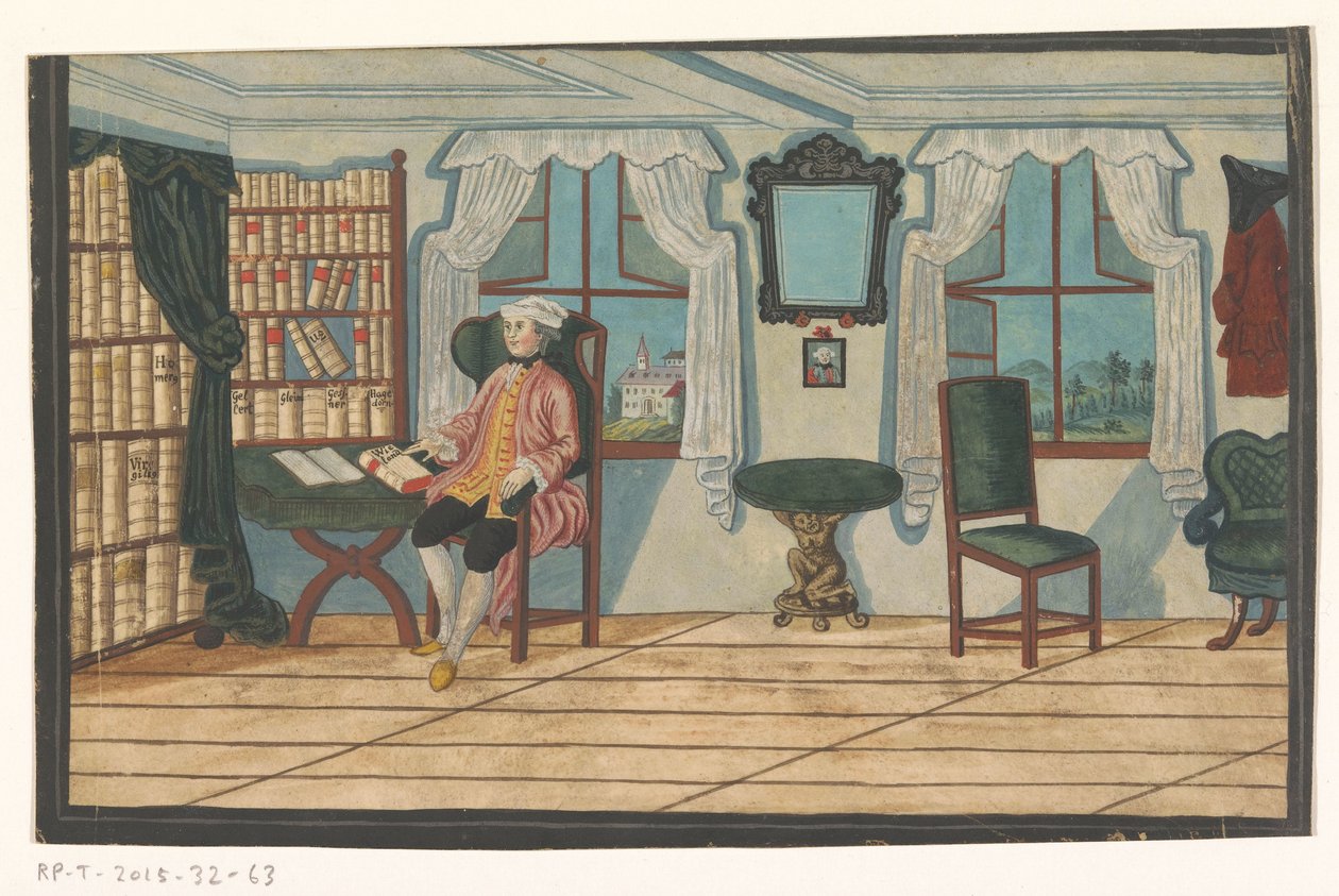 Interieur met een man voor een boekenkast door Anonymous