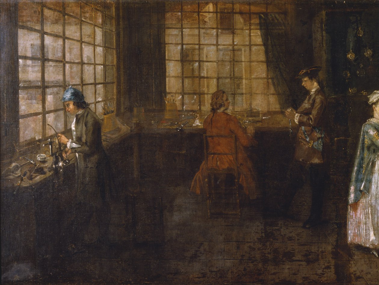 Interieur van een klokkenmakerswinkel (detail) door Anonymous