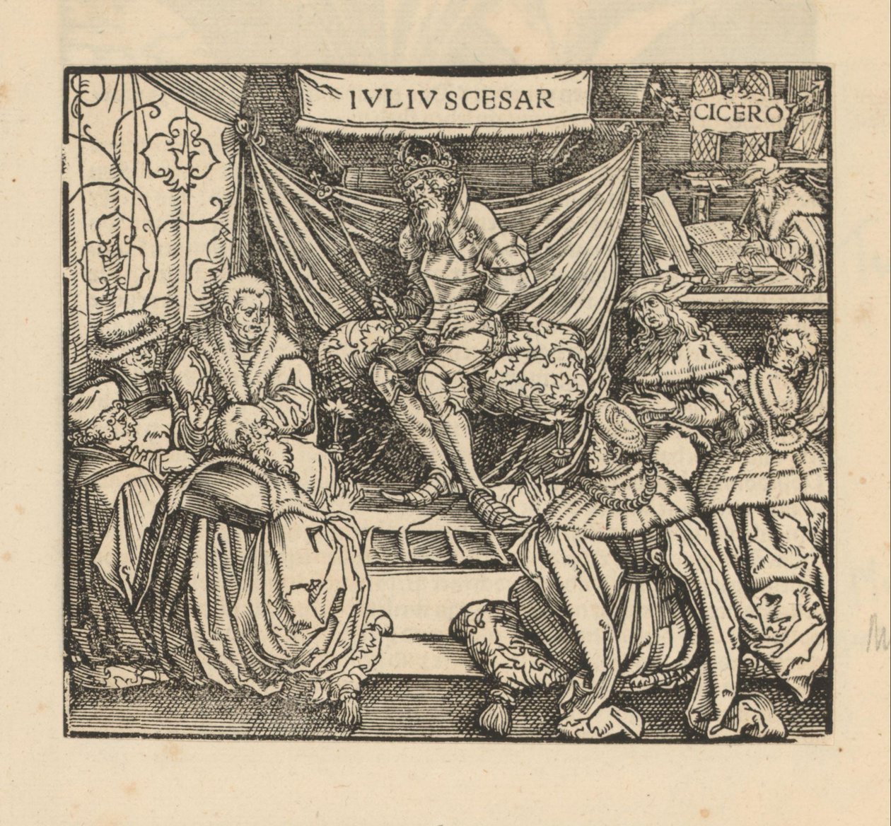 Julius Caesar in een raadsvergadering en Cicero schrijvend achteraan door Anonymous