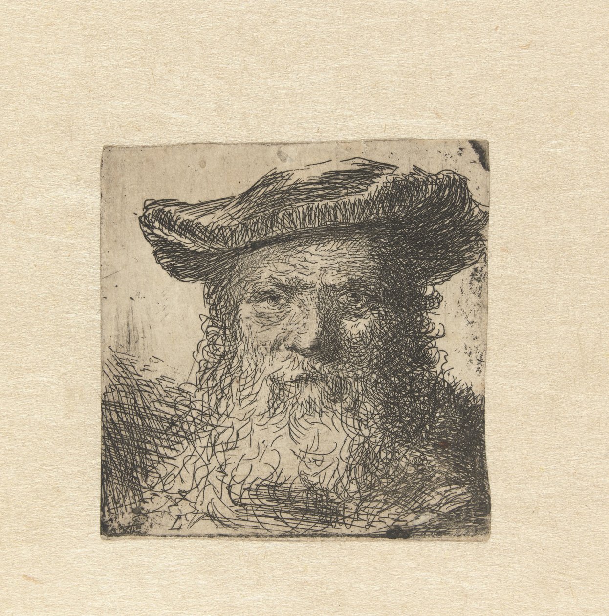 Kop van een oude man met baard en hoed door Anonymous