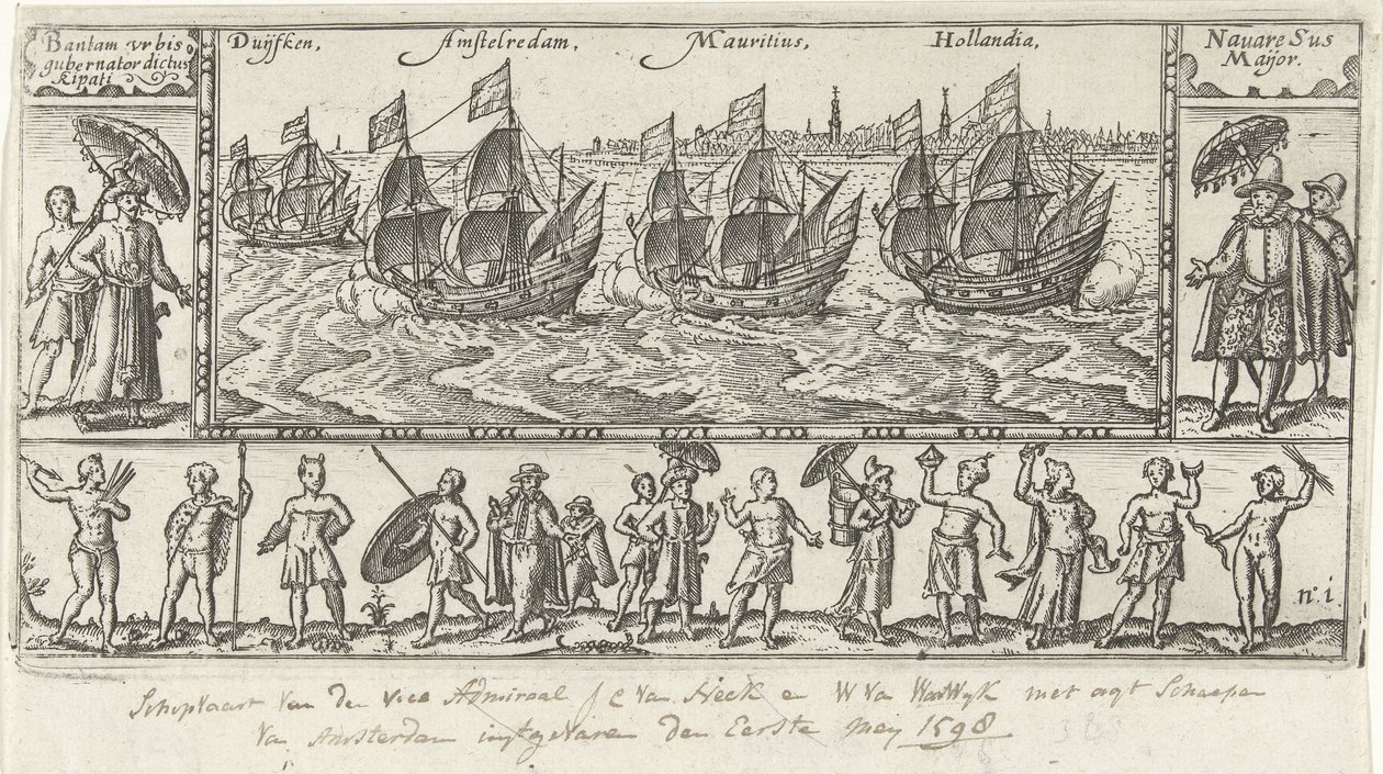 Kopie naar de oorspronkelijke titelprent voor Houtmans Journael vande reyse der Hollandtsche schepen ghedaen in Oost Indien,1598 door Anonymous