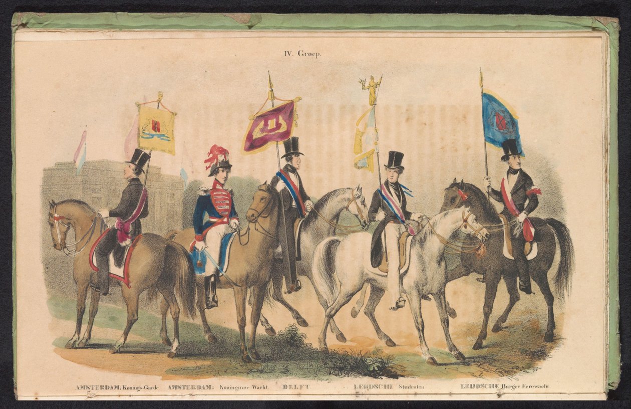 Kostumen en vaandels van de erewachten van Amsterdam, Delft en Leiden, 1840-1842 door Anonymous