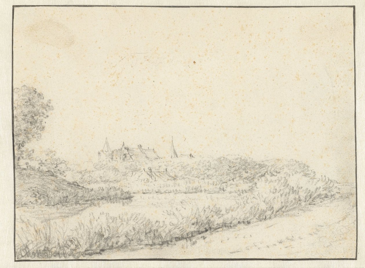 Landschap met een kasteel bij de oever van een rivier door Anonymous
