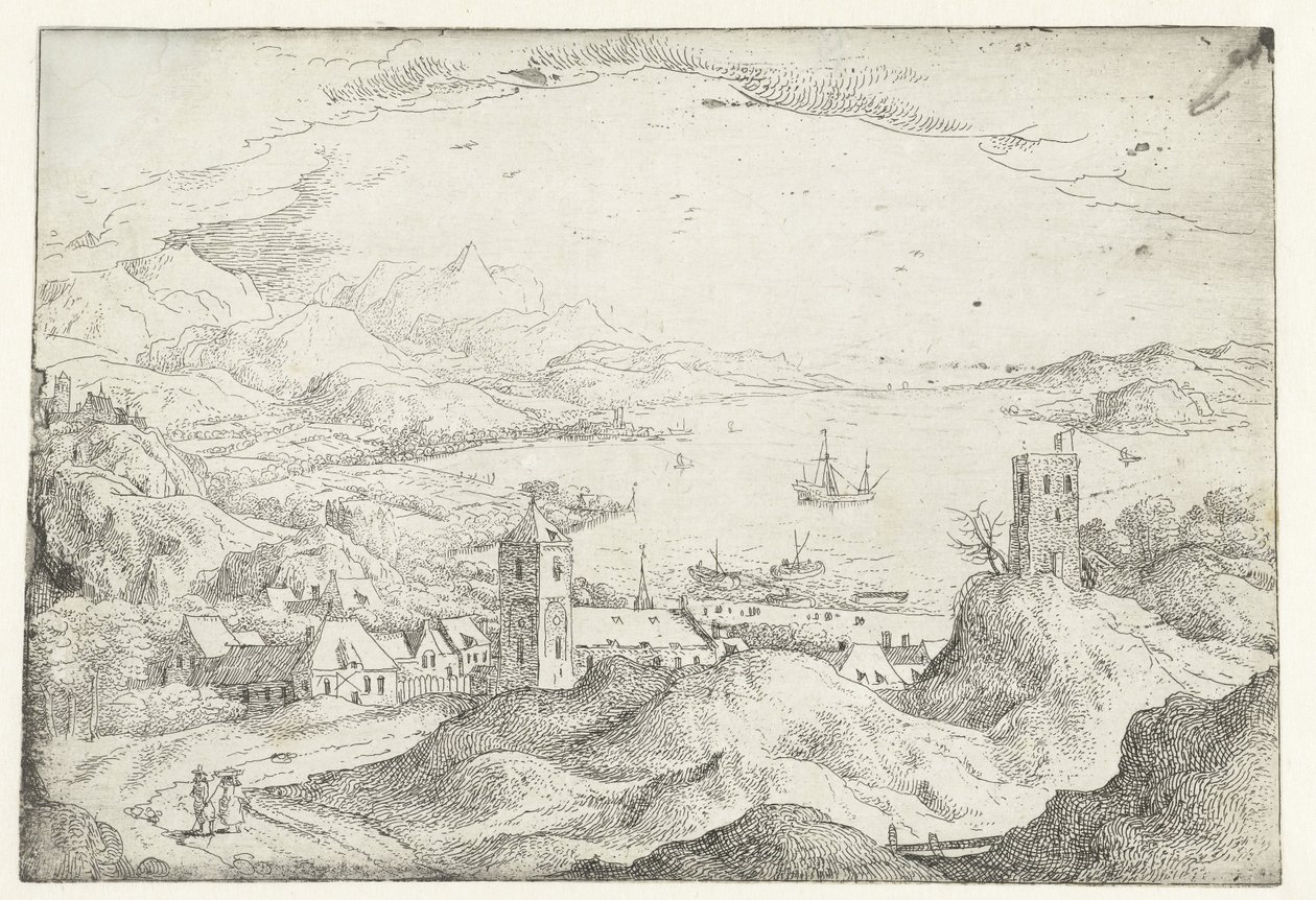 Landschap met brede rivier en dorp door Anonymous