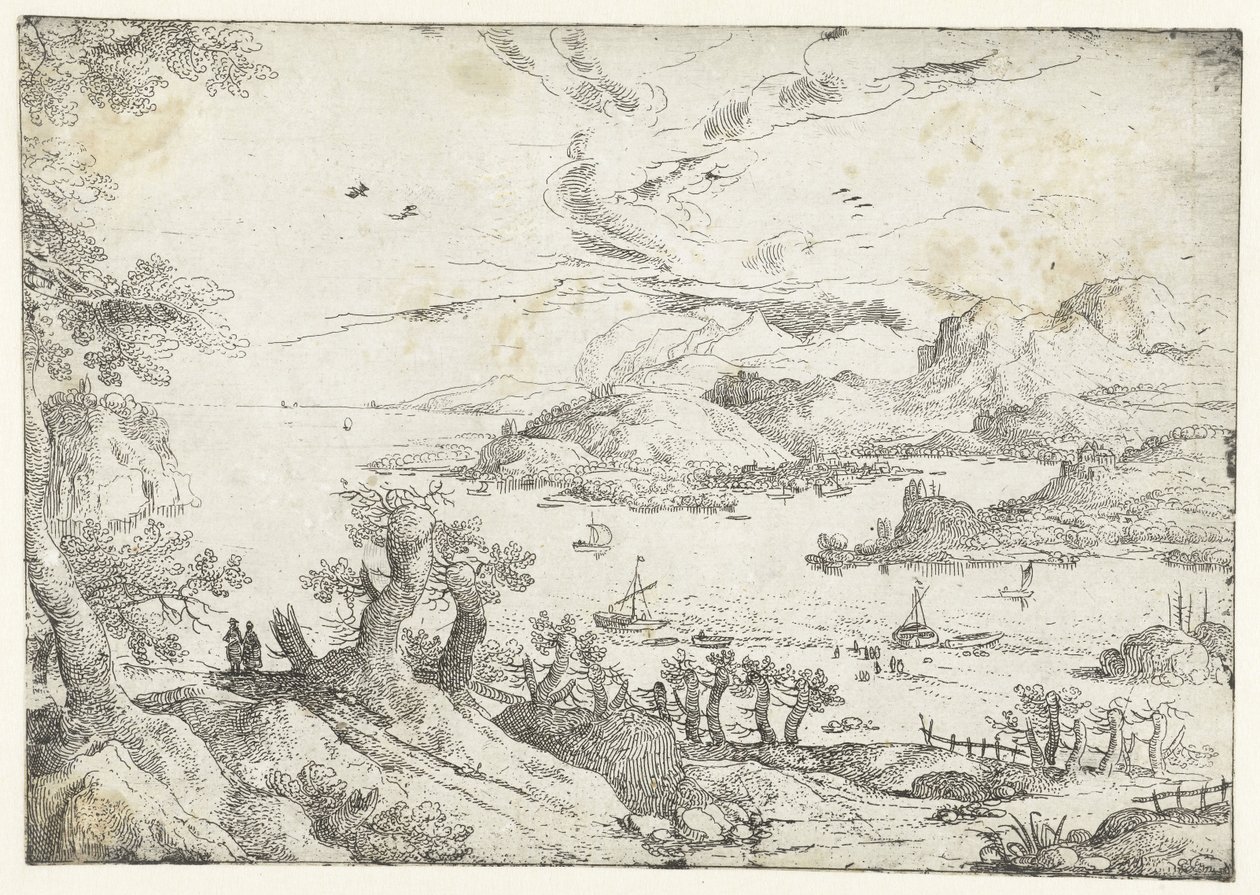 Landschap met brede rivier tussen heuvels door Anonymous