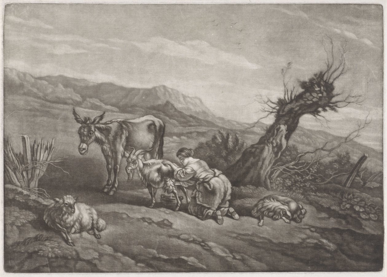 Landschap met een herderin die een geit melkt door Anonymous