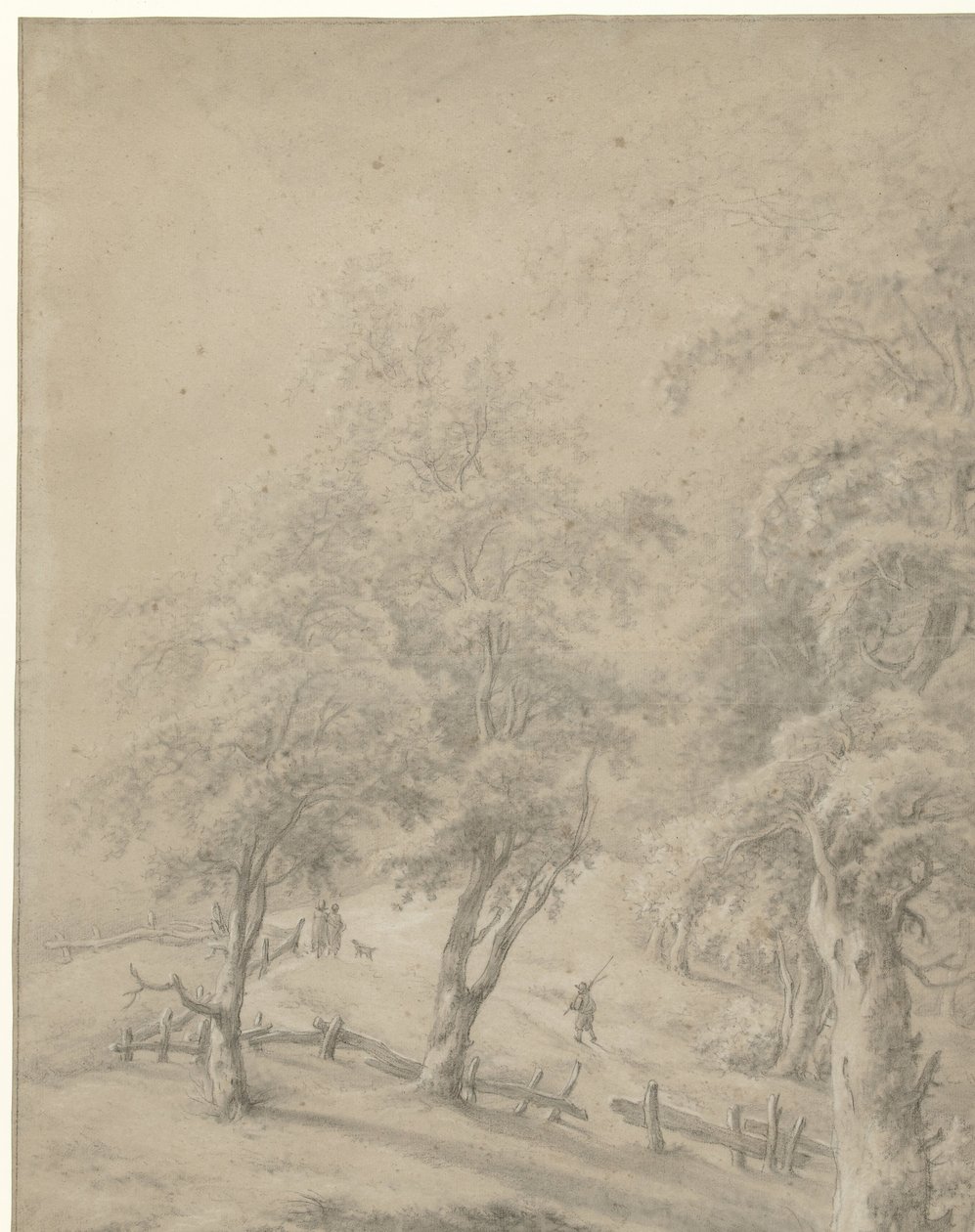Landschap met enkele figuren op een weg achter een hek door Anonymous