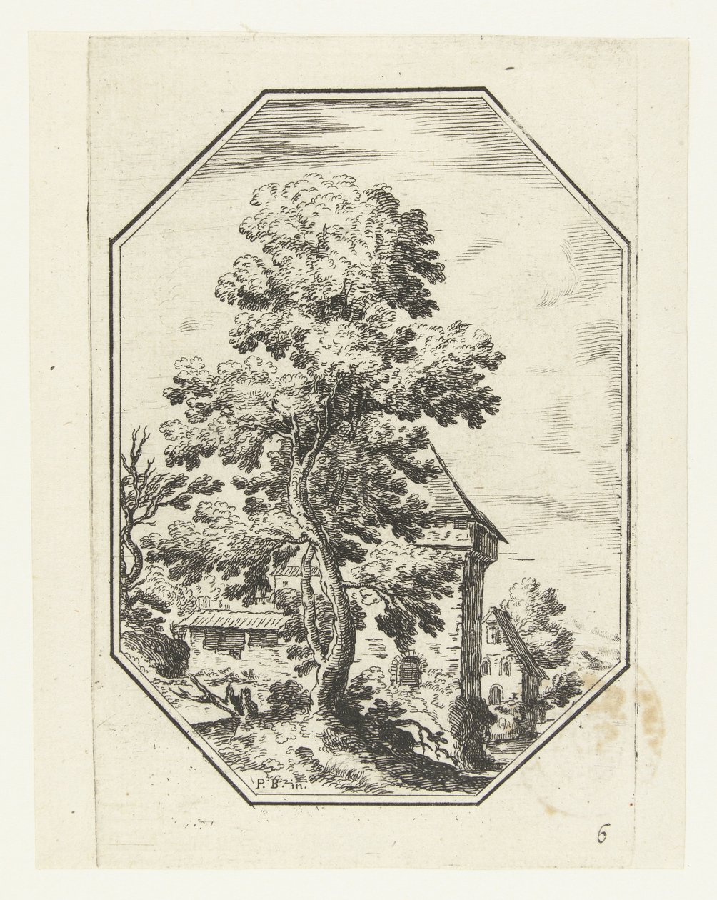 Landschap met grote boom in octagonaal kader door Anonymous